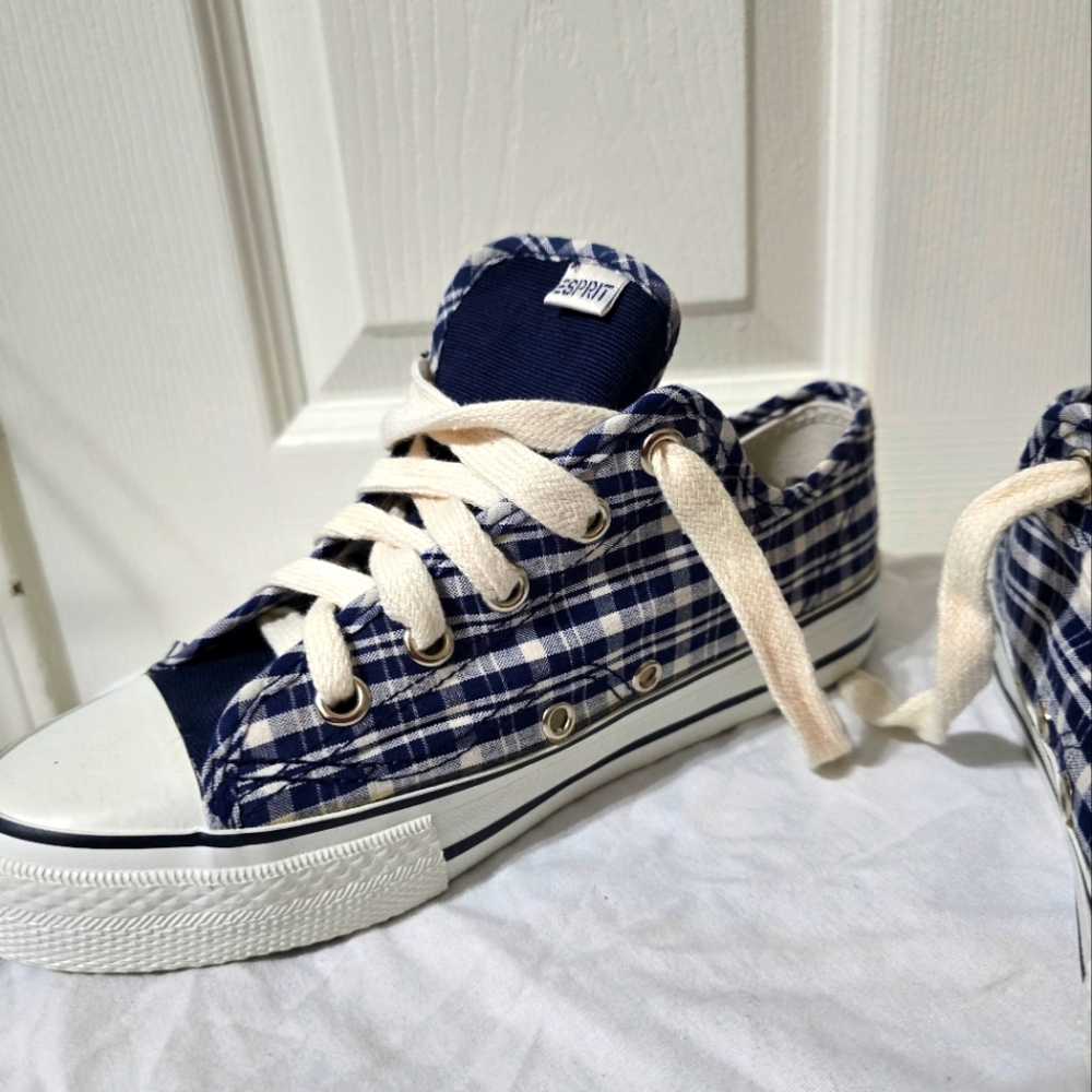 Y2K ESPRIT Plaid Converse Style Low-Top Sneakers, Navy & White, Lace-Up, Sz 7.5. - Picture 3 of 8
